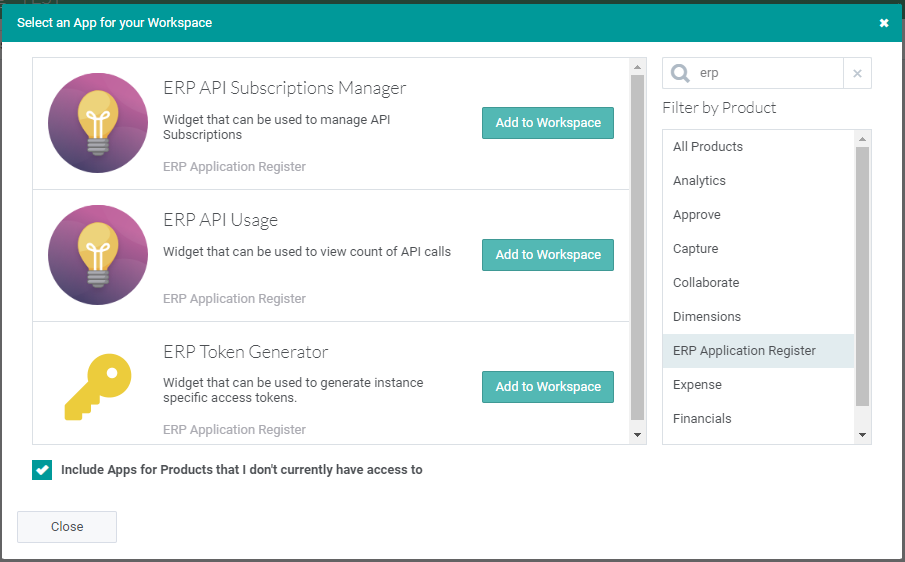 ERP Application Register Workspace Apps